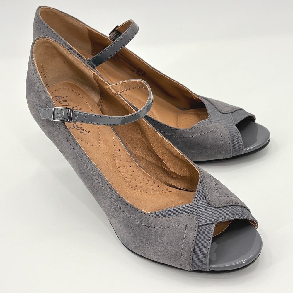 Dexflex Comfort Gray Suede Mary Jane Peep Toe Heels Pumps Women's 8W Minimalist